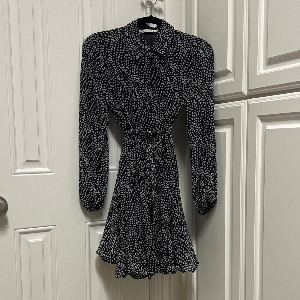 Black spotted Zara mini dress with beaded string belt